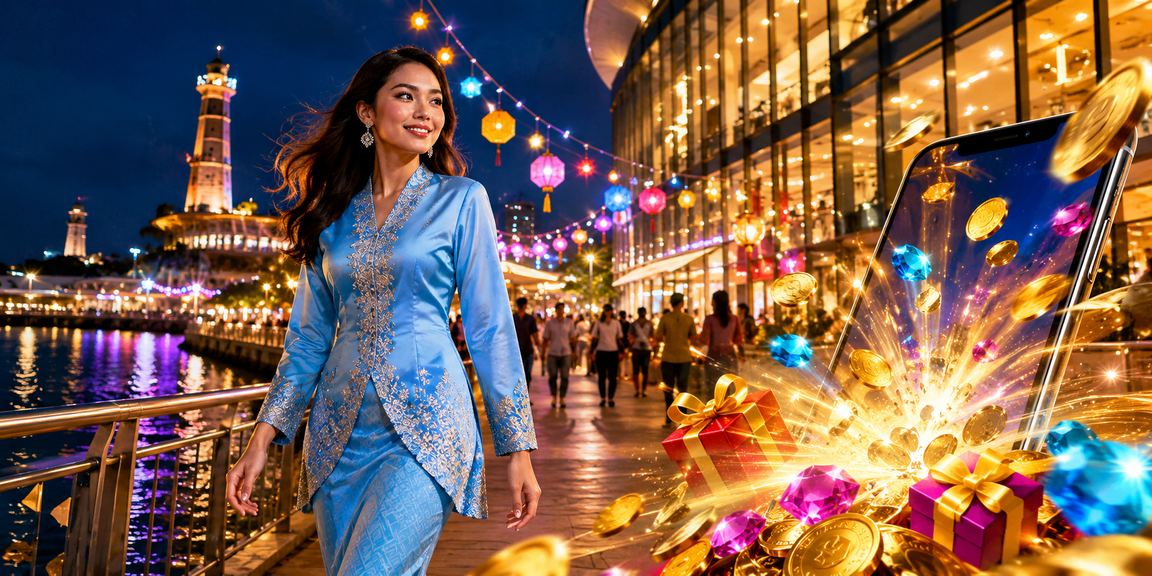 Pemain kasino mudah alih Malaysia bergaya baju kurung mengakses slot jackpot melalui telefon pintar